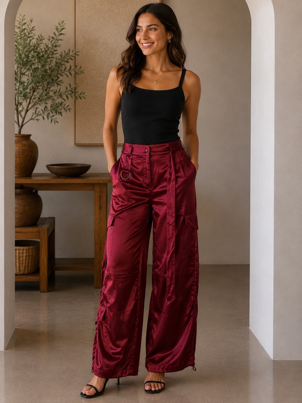 Rose Velvet Satin Wide-Leg Cargo Pants in Burgundy